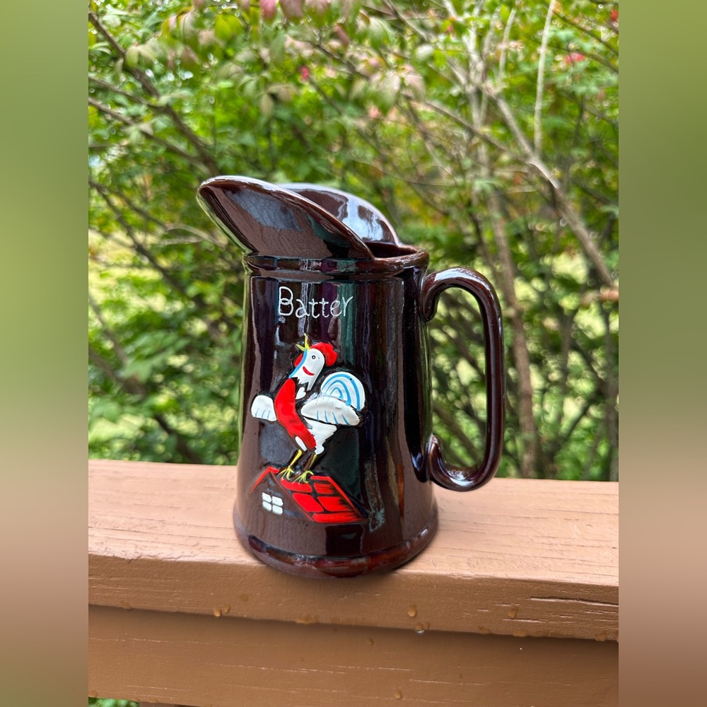 Vintage Redware Batter Pitcher With Embossed Rooster